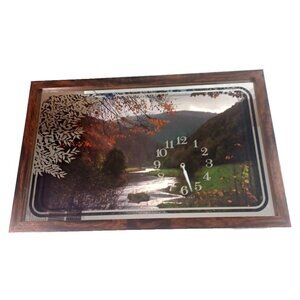 Vtg New 1970s 21x13 Mirrored Shadow Box Clock Country Valley Stream Nature Scene